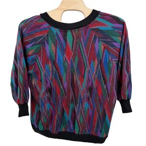 VTG TOP NOTCH Women's L Sweater Multicolor Coogi Style Print V‎ Neck 3/4 Sleeve
